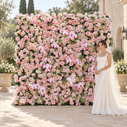 Premium 4D Cherry Blossom Pink Silk Flower Wall with Orchid Accents in an AI-styled wedding scene