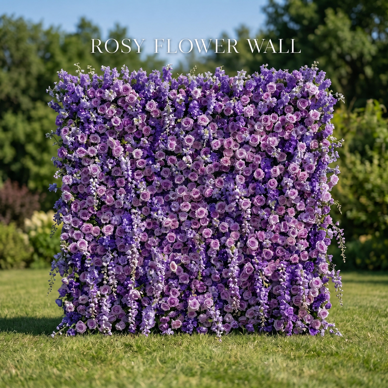 Luxury purple silk flower wall backdrop with Rosy Flower Wall logo