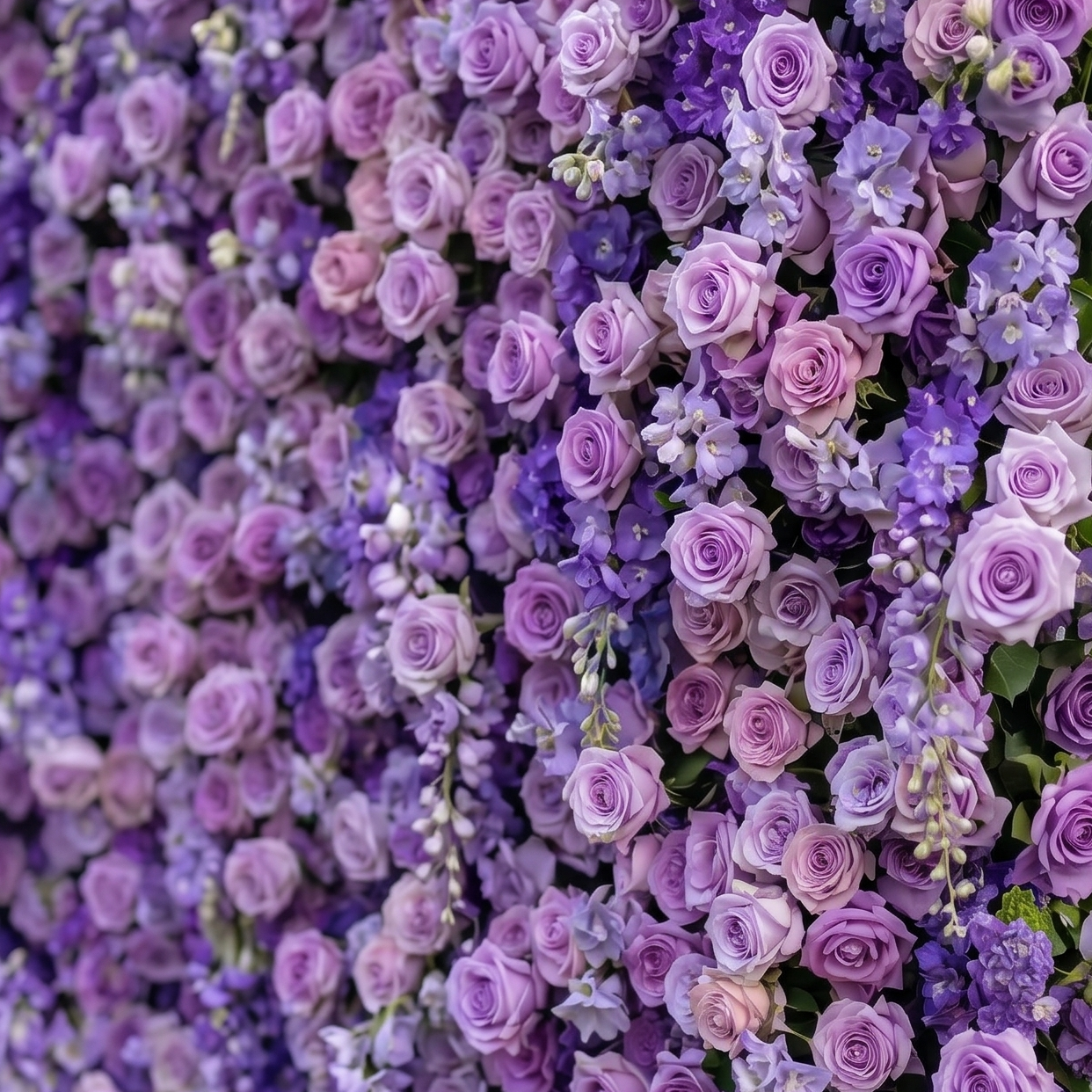Purple artificial flower wall close-up detail