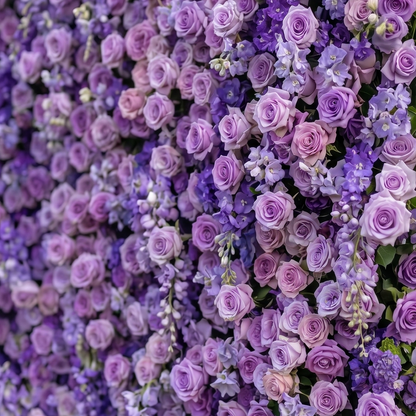 Purple artificial flower wall close-up detail