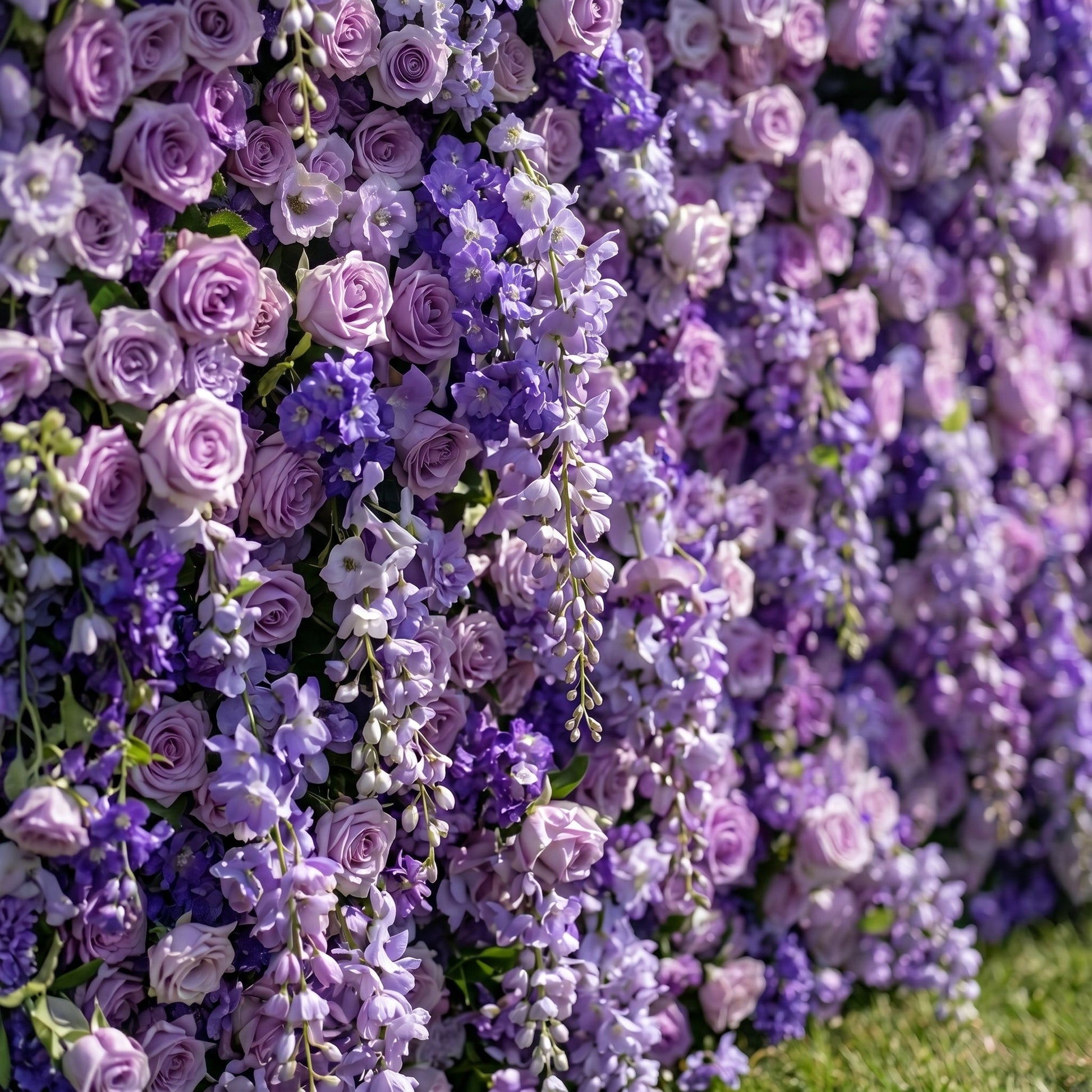 3D purple flower wall event backdrop detail