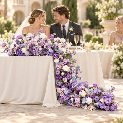 Purple & Ivory Rose Artificial Flower Runner in an AI-styled wedding scene