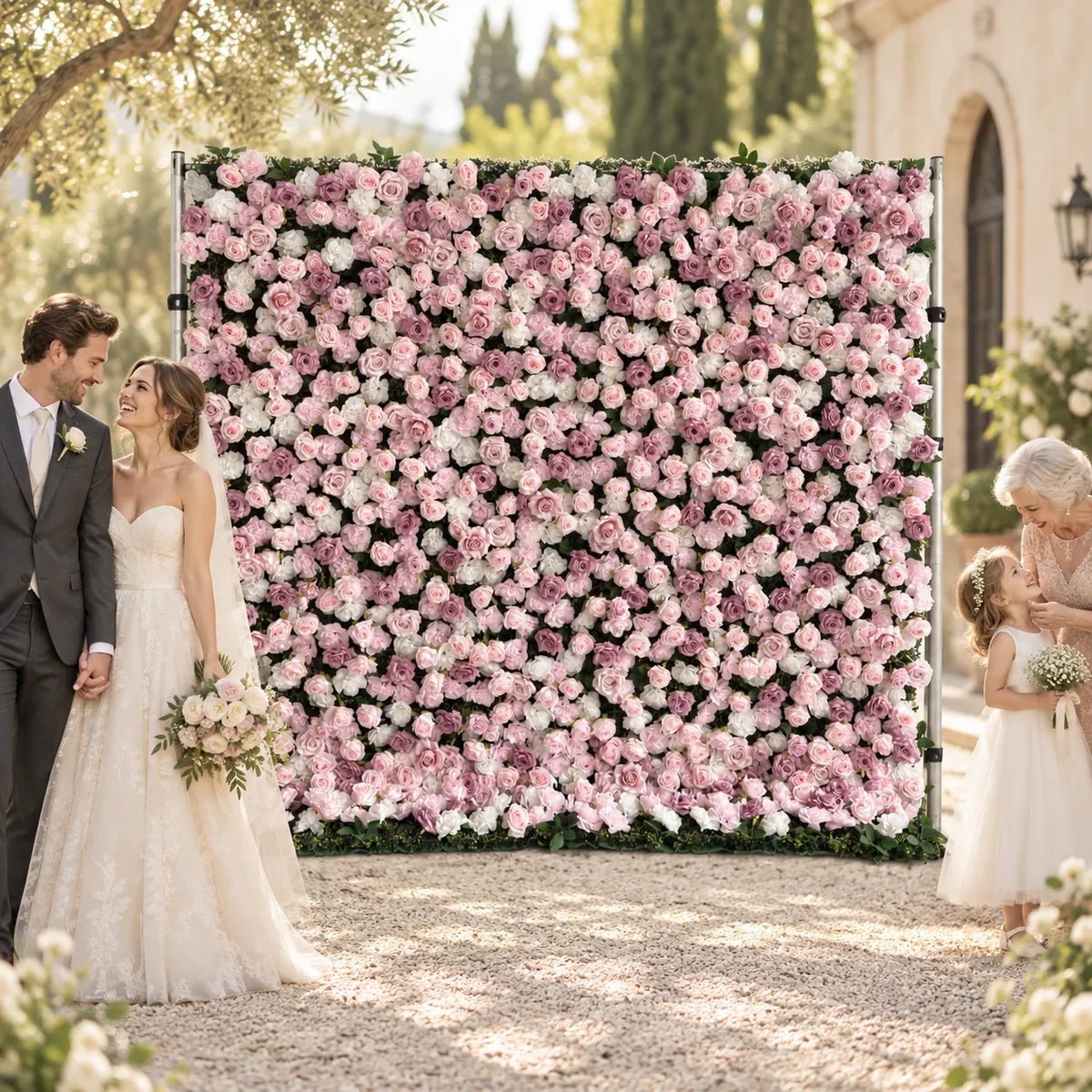 Purple Pink Rose Flower Wall Backdrop – 3D Artificial Floral Wall for Weddings & Events in an AI-styled wedding scene