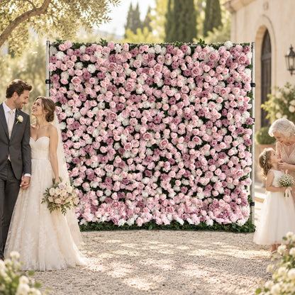 Purple Pink Rose Flower Wall Backdrop – 3D Artificial Floral Wall for Weddings & Events in an AI-styled wedding scene