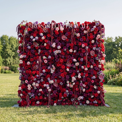 Purple and red flower wall with transparent Rosy Flower Wall logo