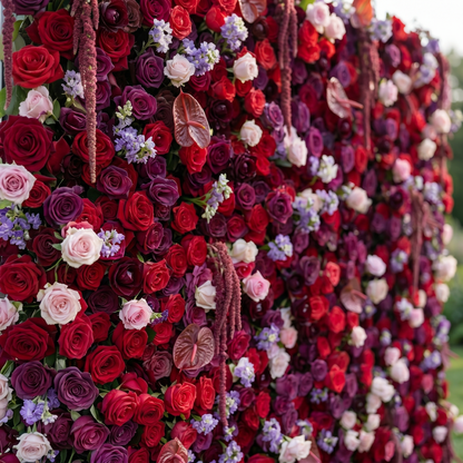 Purple and red silk flower wall close-up