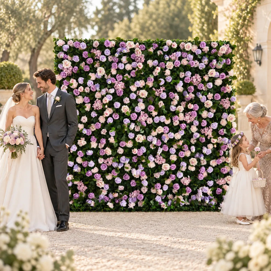 Blush Lavender Rose Flower Wall Backdrop, Artificial 8×8 ft in an AI-styled wedding scene