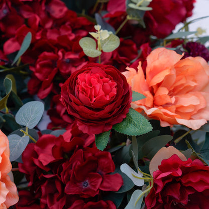 Red peony hydrangea and eucalyptus artificial table runner