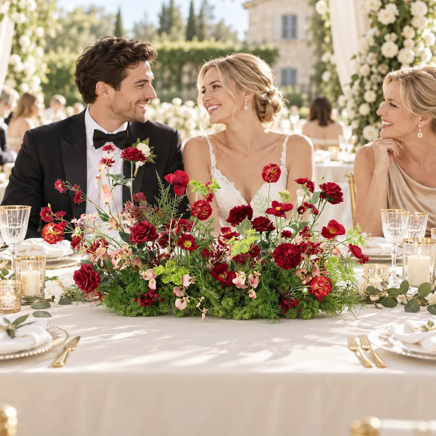 Red Floral Table Arrangement – Wedding Table Decor styled for a wedding celebration