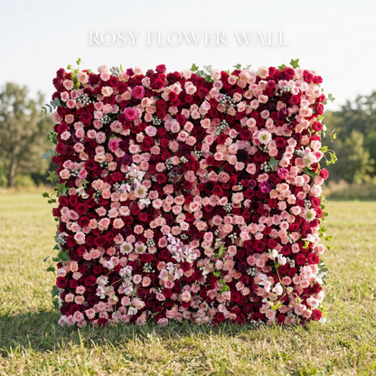 Luxury red and blush pink silk flower wall with Rosy Flower Wall logo