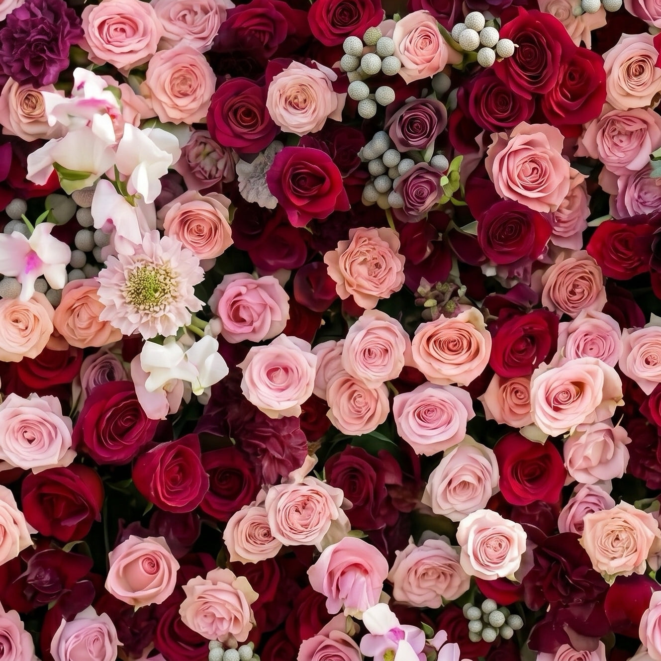 Red and blush pink artificial flower wall close-up detail