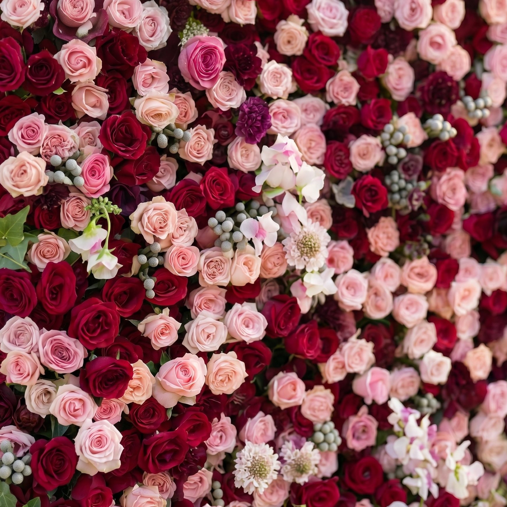 Burgundy and blush silk rose flower wall texture