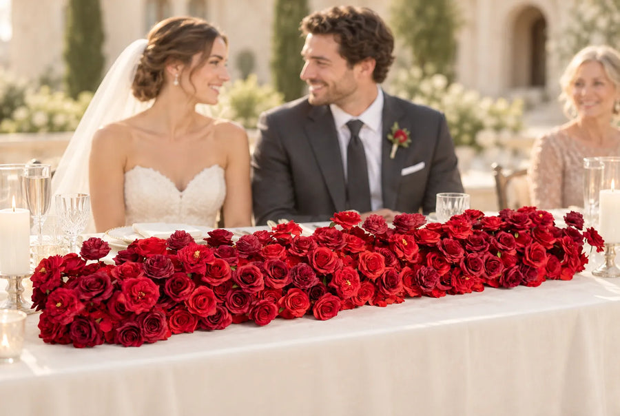 Red Rose Artificial Flower Runner in an AI-styled wedding scene