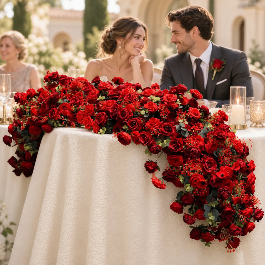 Red Rose & Eucalyptus Artificial Flower Runner in an AI-styled wedding scene