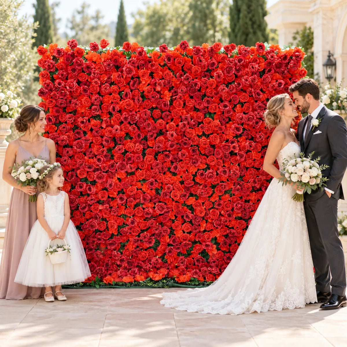 Premium Red Rose Flower Wall Backdrop – 8 ft × 8 ft in an AI-styled wedding scene