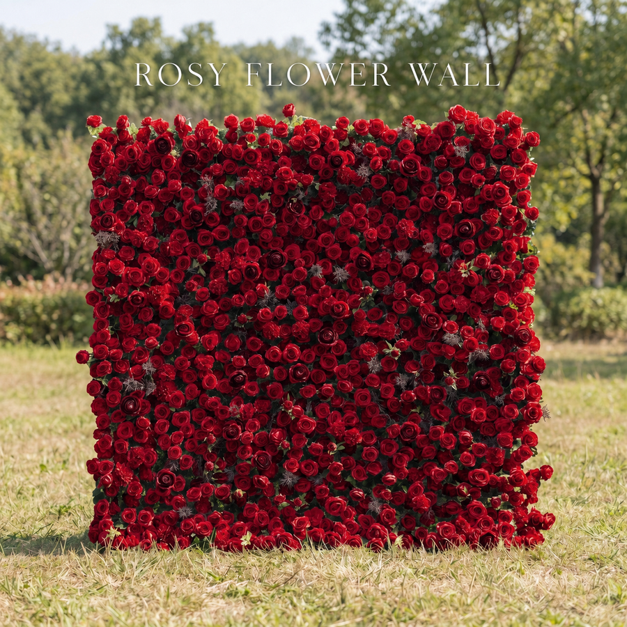 Luxury red rose flower wall backdrop with Rosy Flower Wall logo