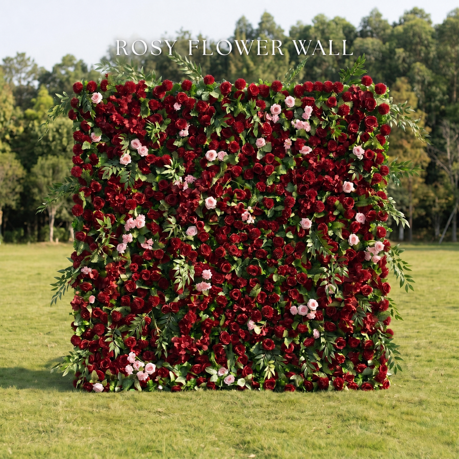 Luxury red rose and greenery flower wall with Rosy Flower Wall logo