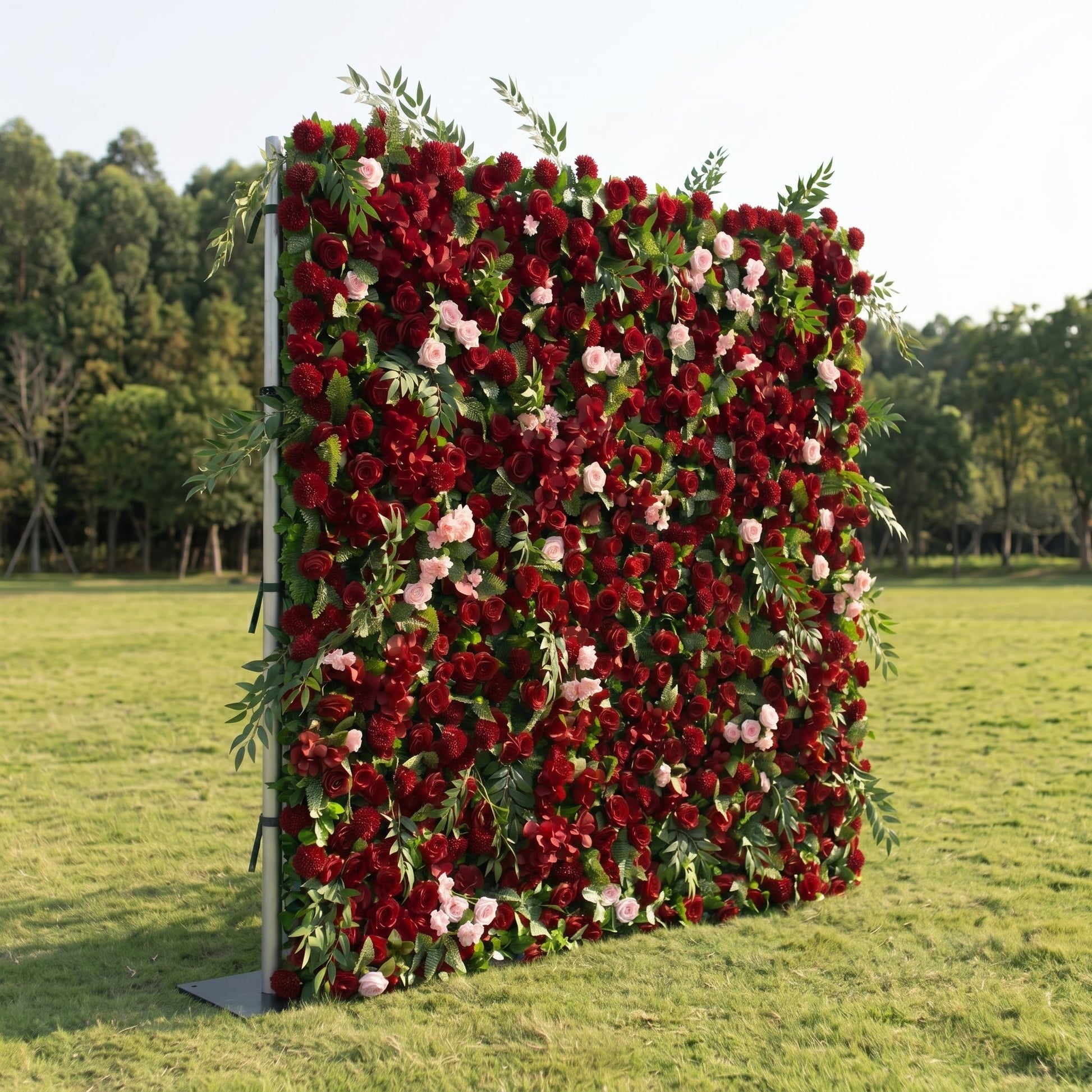 Red rose and greenery flower wall left view