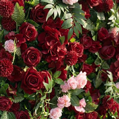 Red hydrangea rose and greenery backdrop detail