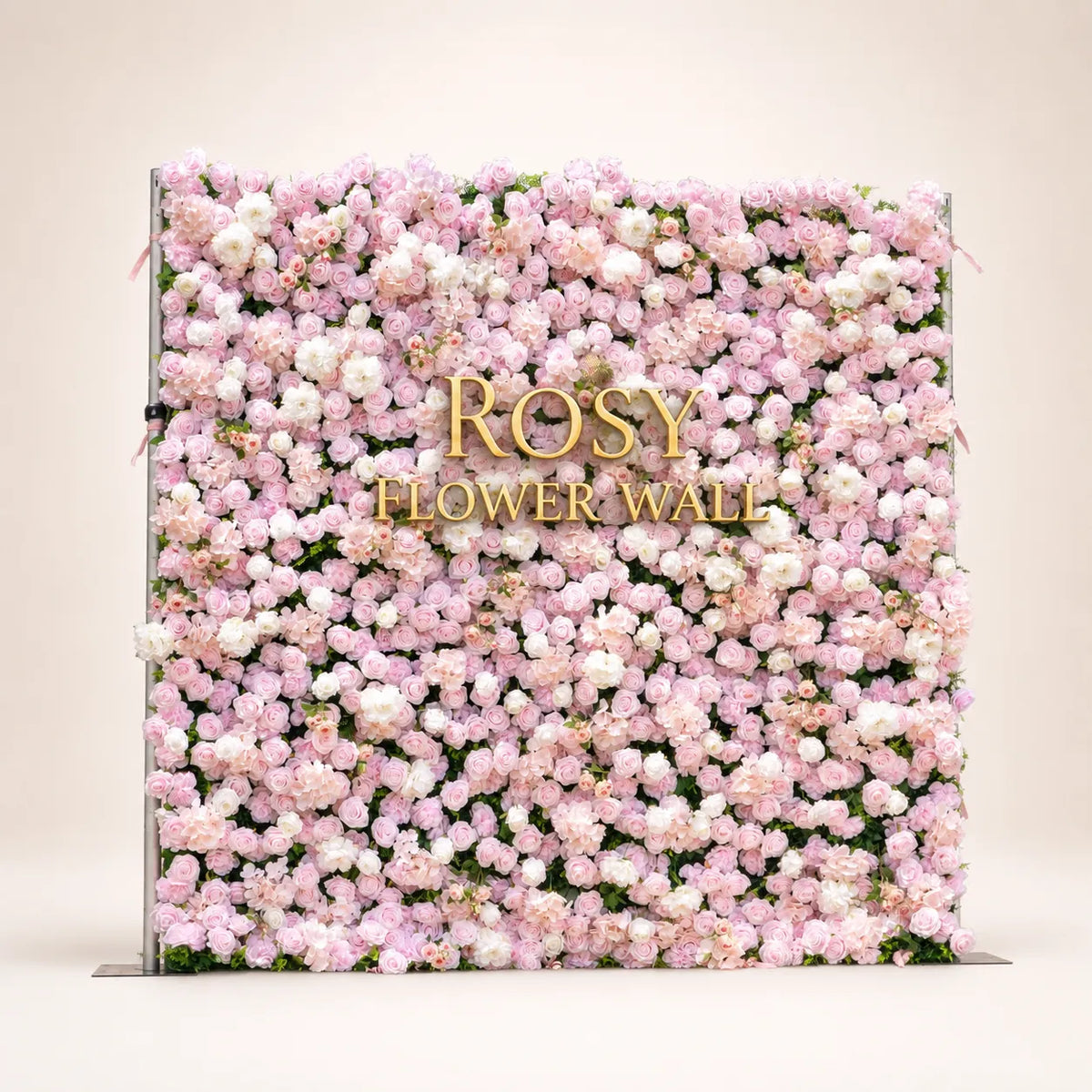Artificial flower wall front view with gold Rosy Flower Wall logo on warm white background