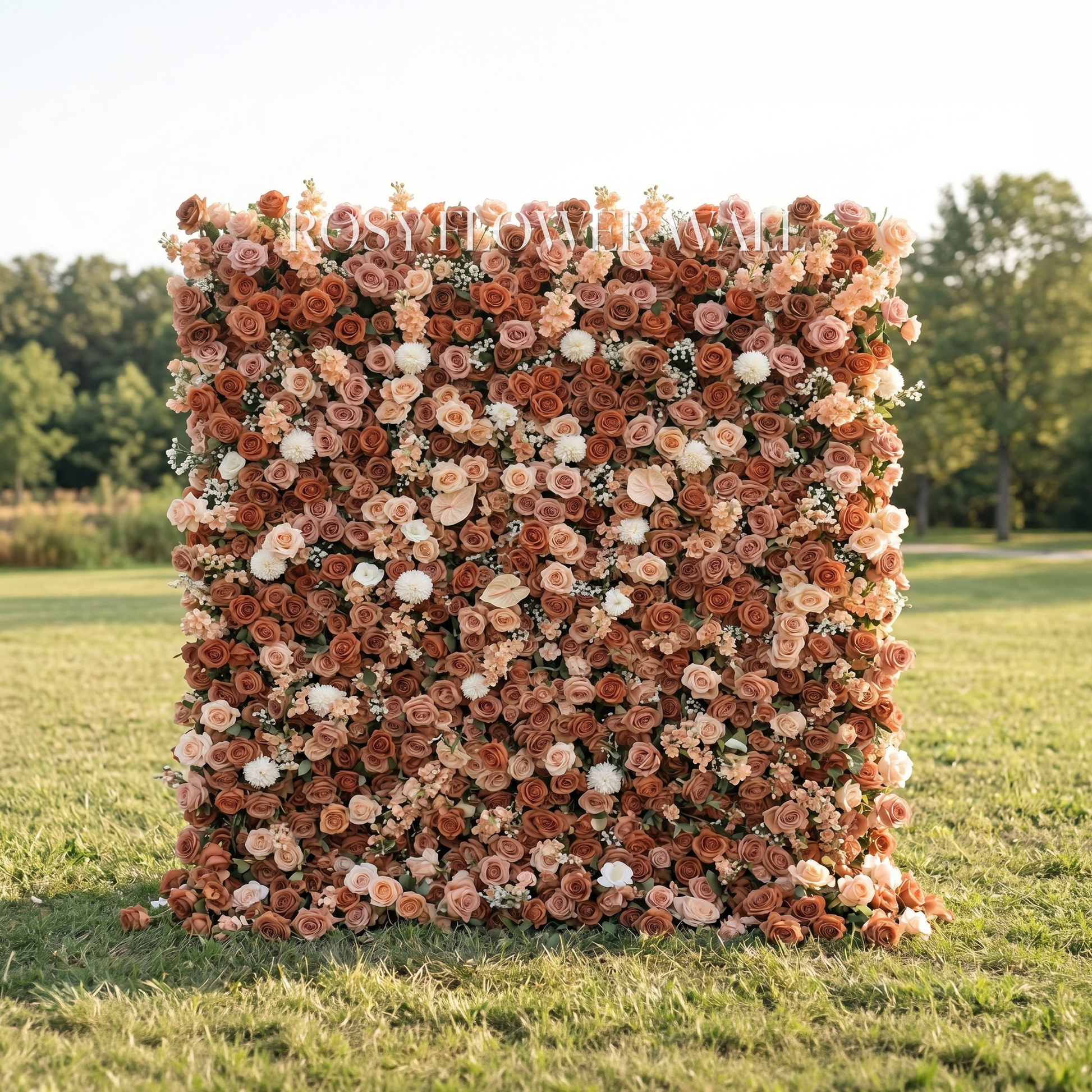 Rose silk flower wall with transparent Rosy Flower Wall logo