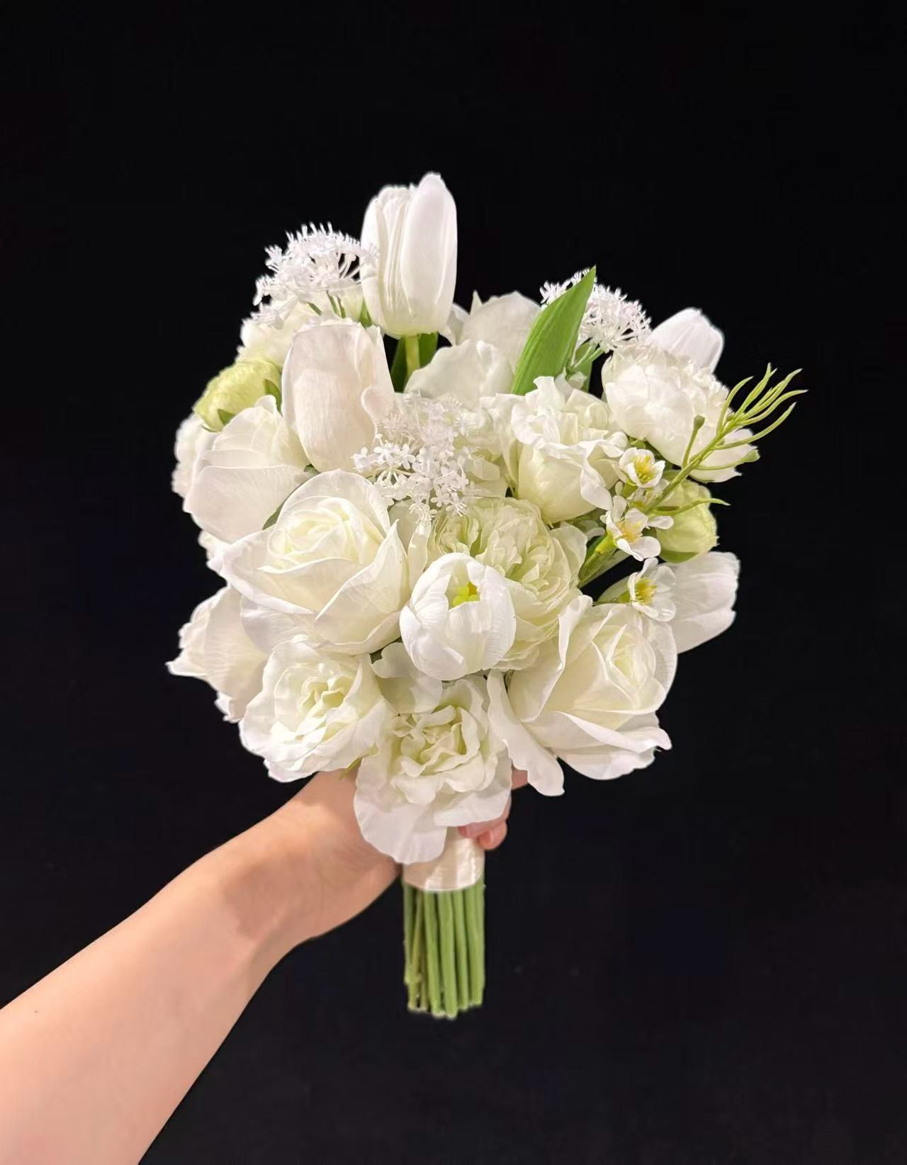 Classic White Tulip and Peony Bridal Bouquet by Rosy Flower Wall — luxury bridal bouquet for weddings and events