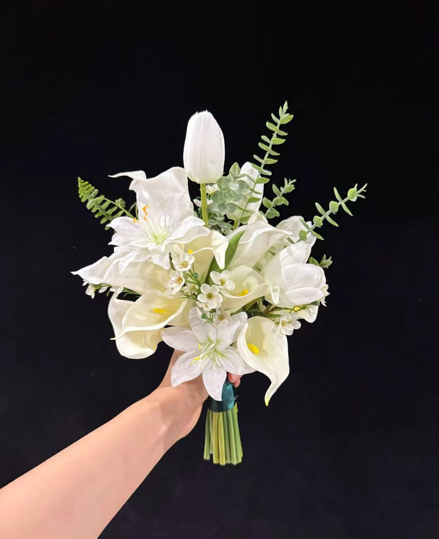 White Lily Tulip and Greenery Bridal Bouquet by Rosy Flower Wall — luxury bridal bouquet for weddings and events