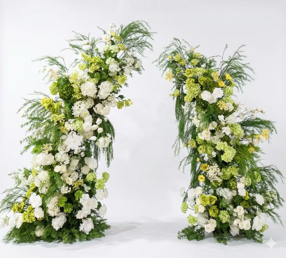 White and Green Garden Wedding Flower Arch by Rosy Flower Wall — luxury wedding flower arch for weddings and events