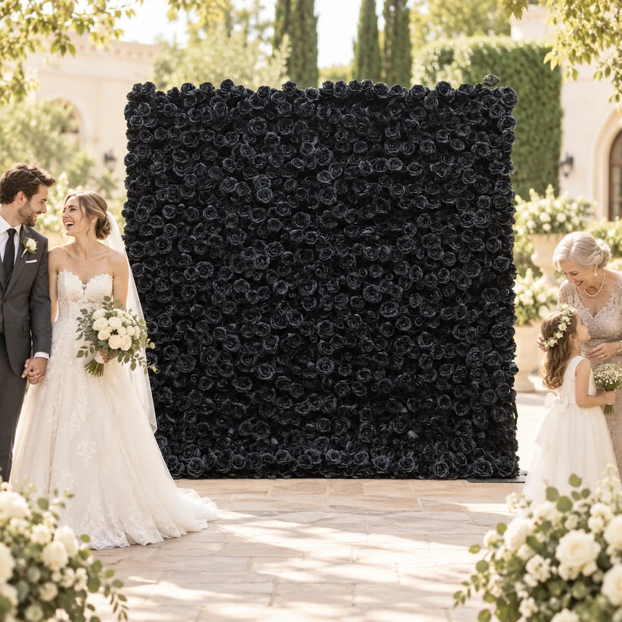 Rosy Luxury 3d Black Rose Flower Wall Rolling Up Floral Backdrop in an AI-styled wedding scene