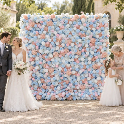 Rosy 3D Pink Flower Wall for a Wedding in an AI-styled wedding scene