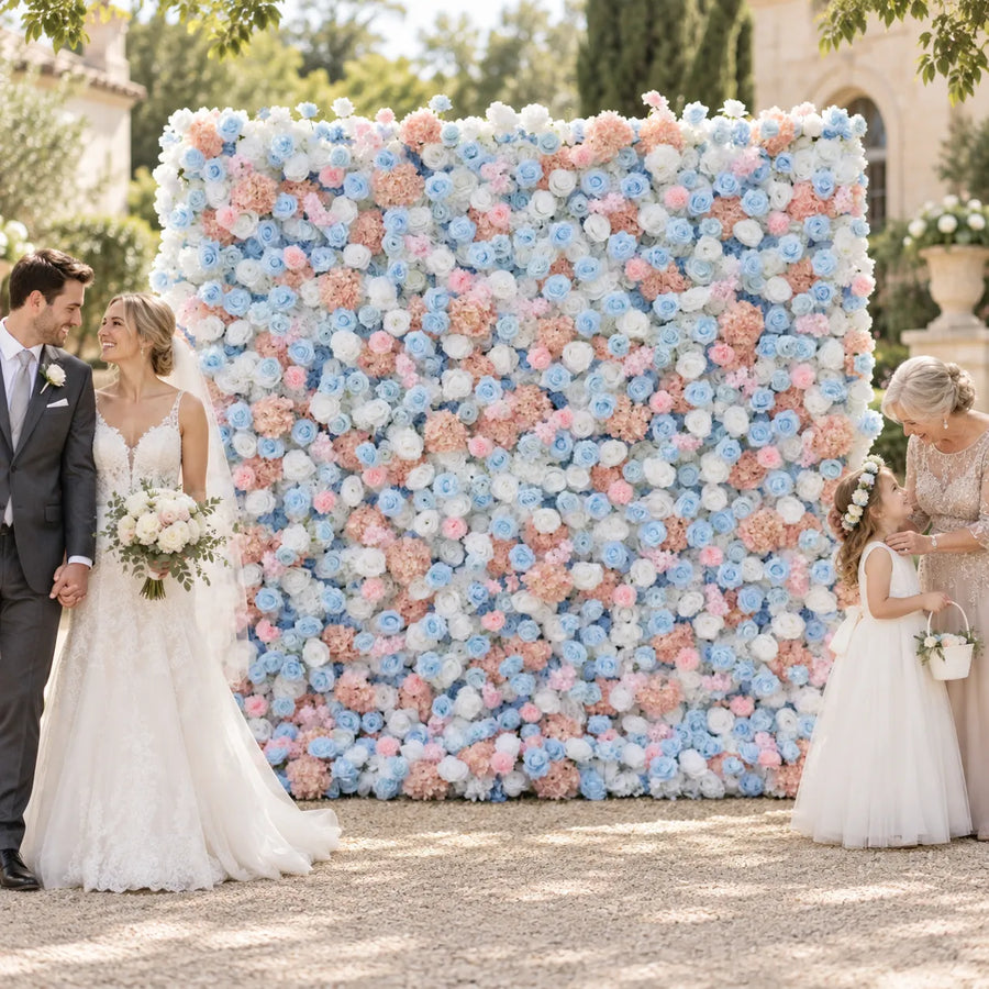 Rosy 3D Pink Flower Wall for a Wedding in an AI-styled wedding scene