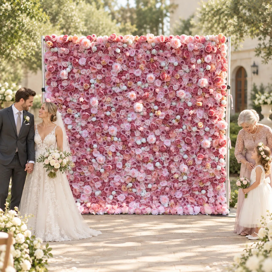 Rosy Fabric Rolling up Curtain Floral Wall Wedding backdrops Cloth Flower Wall in an AI-styled wedding scene