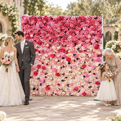 Rosy 3D Pink Gradient Rose Roller Curtain Flower Wall Wedding Event Background Decoration in an AI-styled wedding scene