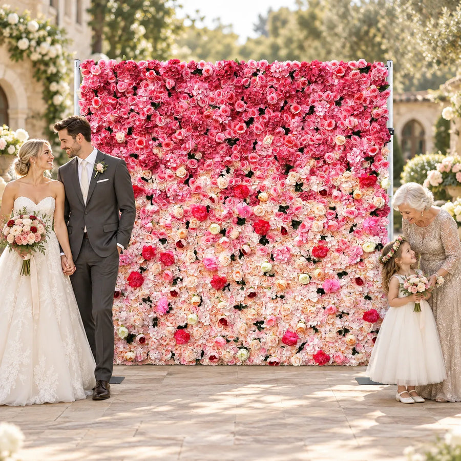 Rosy 3D Pink Gradient Rose Roller Curtain Flower Wall Wedding Event Background Decoration in an AI-styled wedding scene