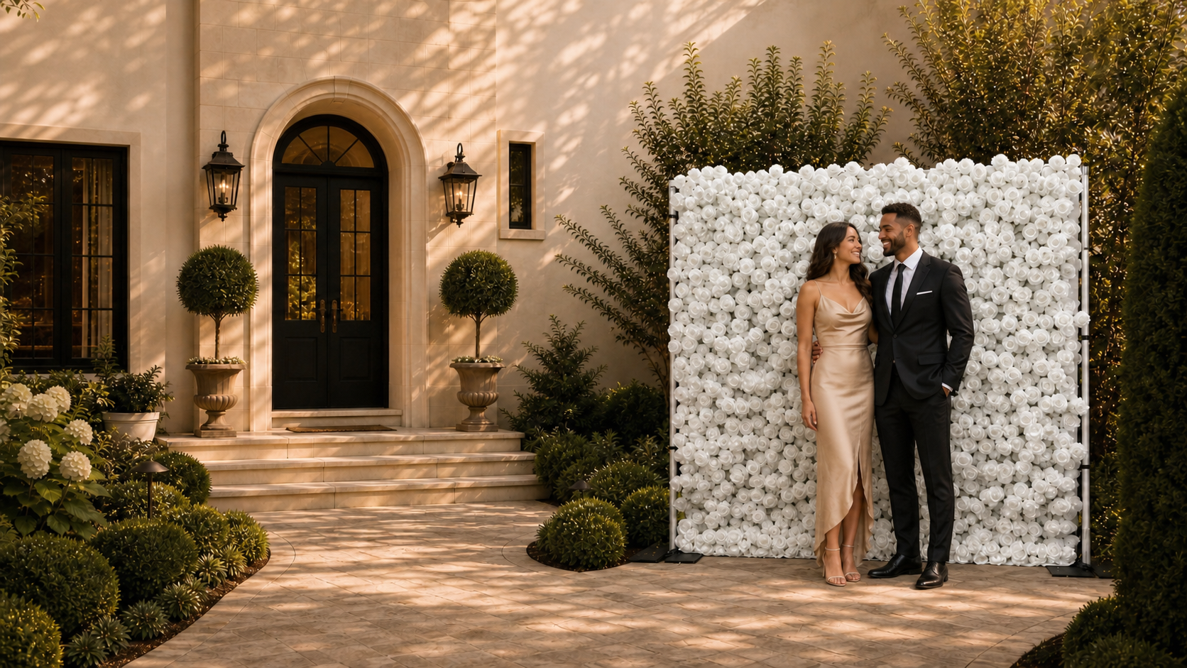 Elegant couple posing in front of the Rosy 5D white rose flower wall