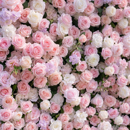Layered floral detail of pink and white rose flower wall