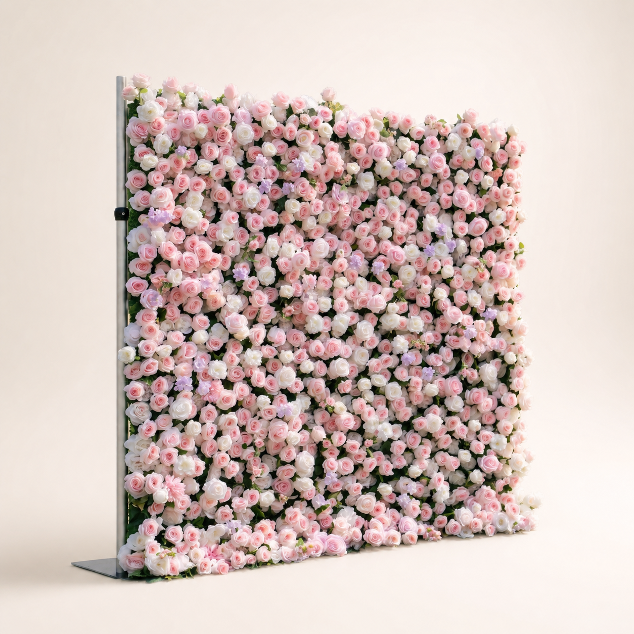 Blush pink and ivory rose flower wall side view with support stand