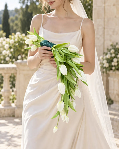 Cascading White Tulip Bridal Bouquet in an AI-styled bridal scene