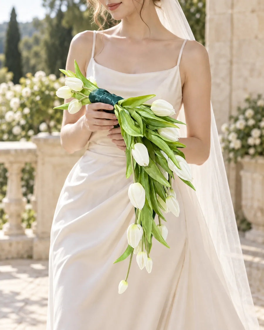 Cascading White Tulip Bridal Bouquet in an AI-styled bridal scene