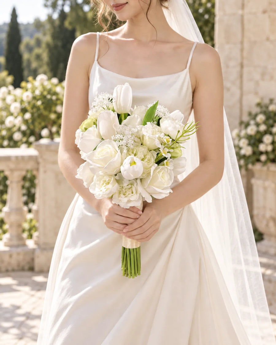 Classic White Tulip and Peony Bridal Bouquet in an AI-styled bridal scene