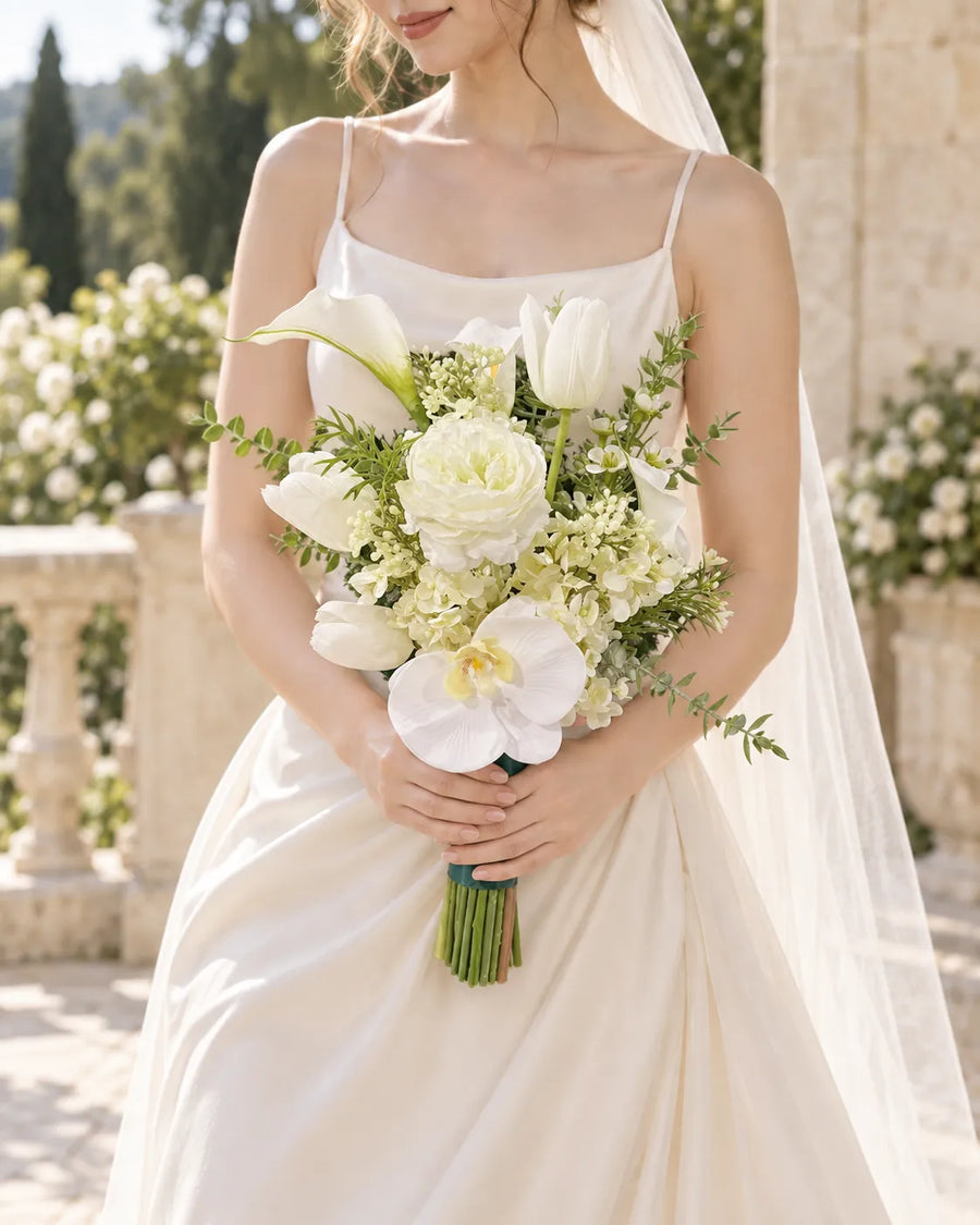 Elegant White Calla Lily Bridal Bouquet in an AI-styled bridal scene