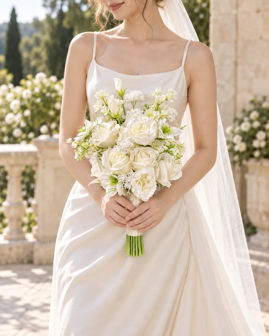Ivory Rose and Daisy Bridal Bouquet in an AI-styled bridal scene
