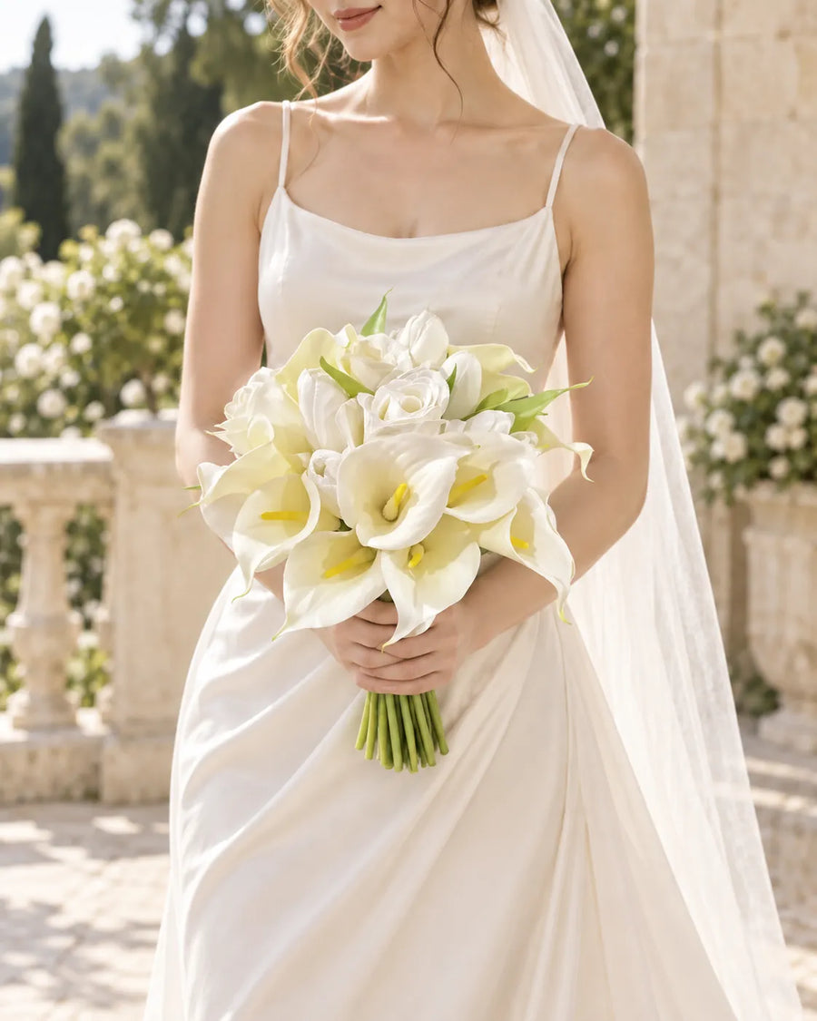 Modern White Calla Lily Bridal Bouquet in an AI-styled bridal scene