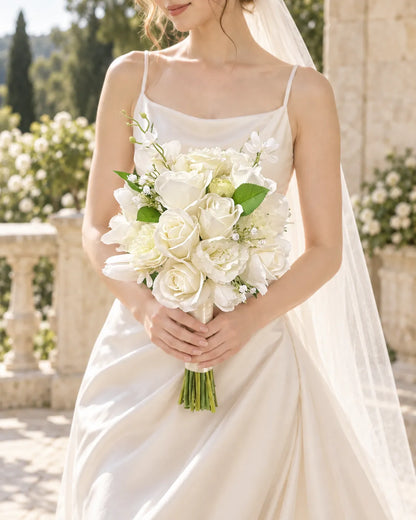 Romantic White Rose Bridal Bouquet in an AI-styled bridal scene