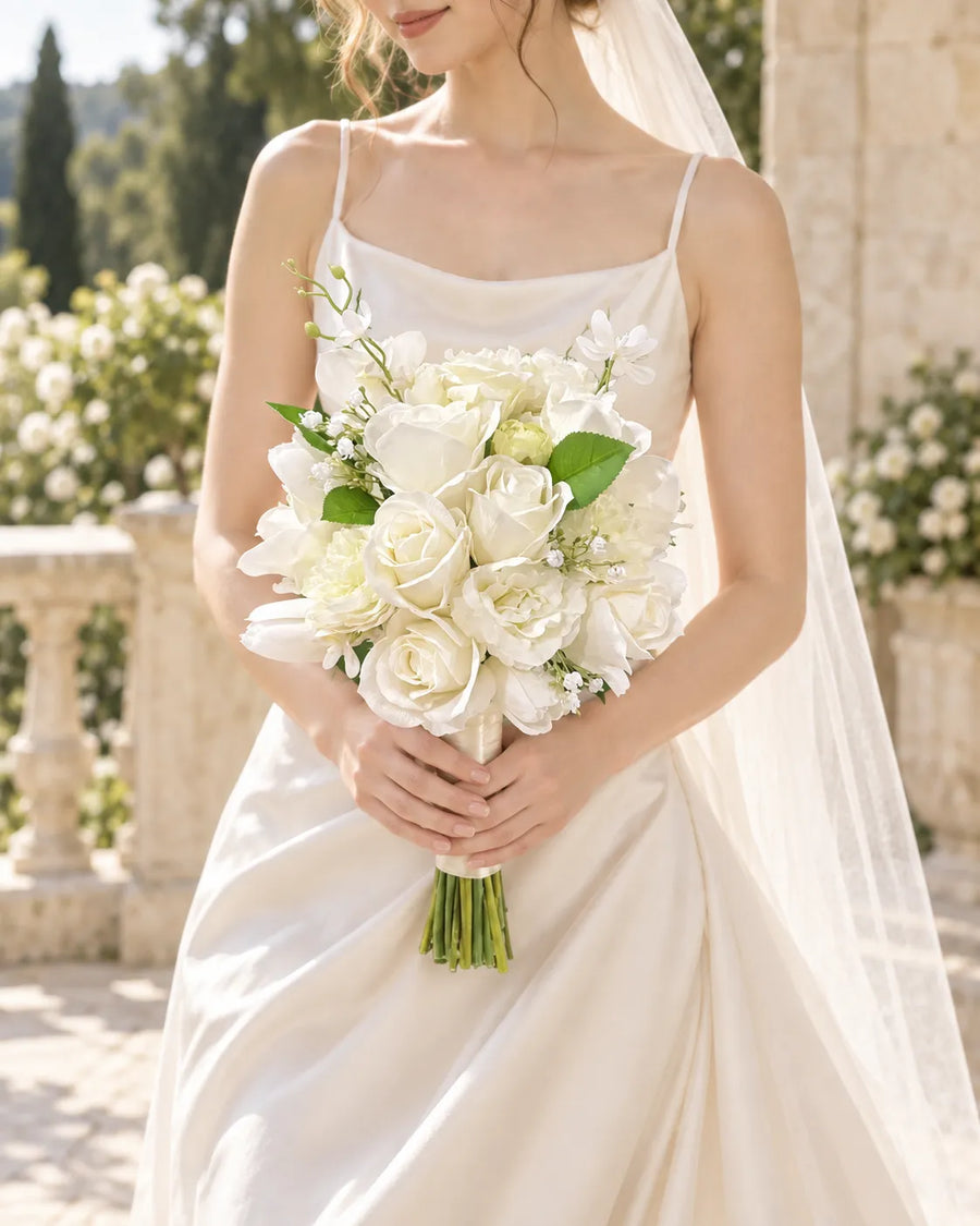 Romantic White Rose Bridal Bouquet in an AI-styled bridal scene