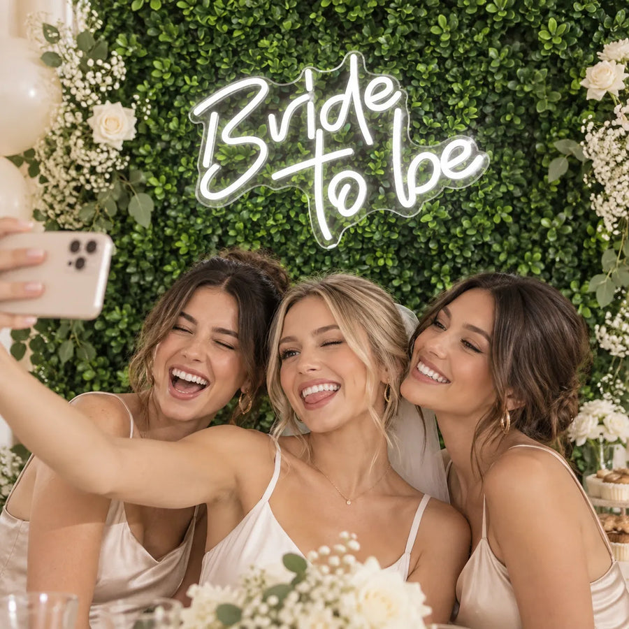 12x15 Inches Bride To Be Neon Sign White LED Light for Bachelorette Party & Wall Decor in an AI-styled wedding scene