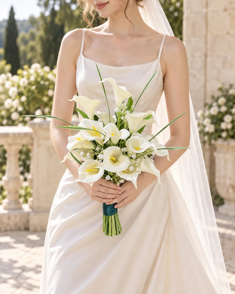 White Calla Lily and Orchid Bridal Bouquet in an AI-styled bridal scene