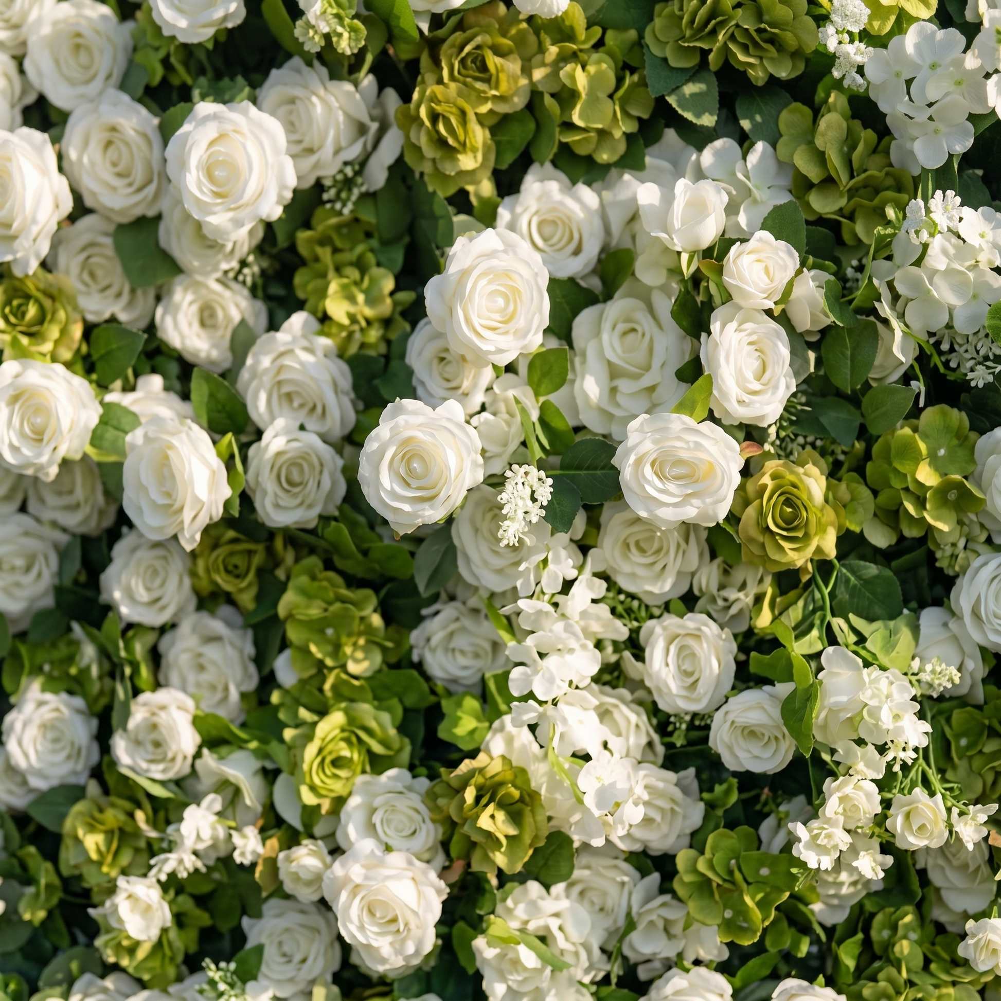 Layered floral detail of white rose and greenery flower wall