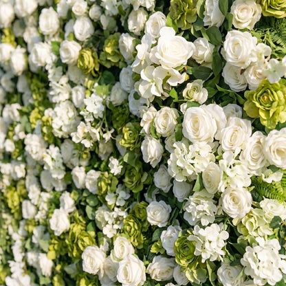 Dimensional detail of artificial white roses and greenery