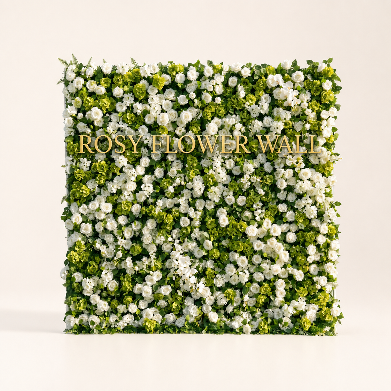 White rose and greenery 3D artificial flower wall on warm white studio background
